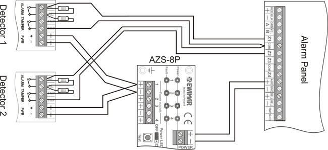 Power supply distributor short circuit separator for alarm detectors